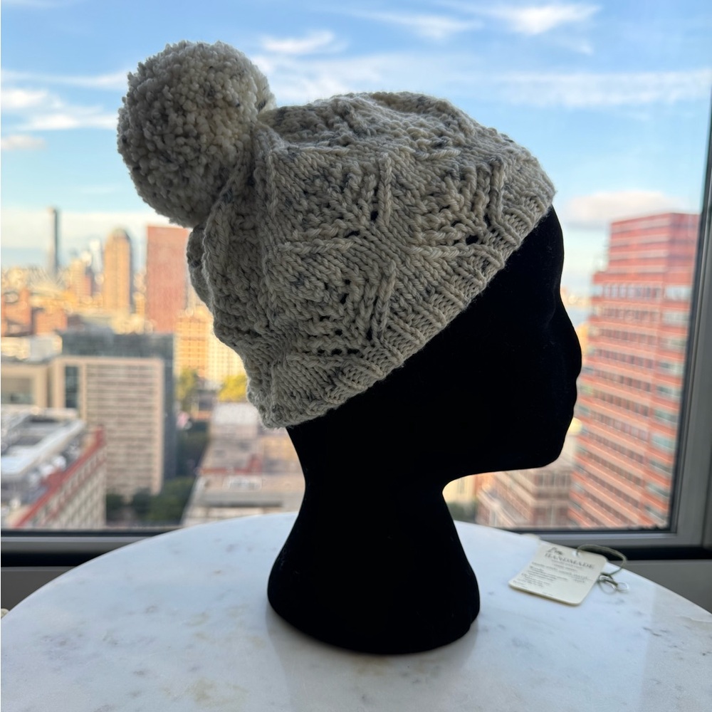 Handcrafted White Lacey Wool Hat with Grey Speckles